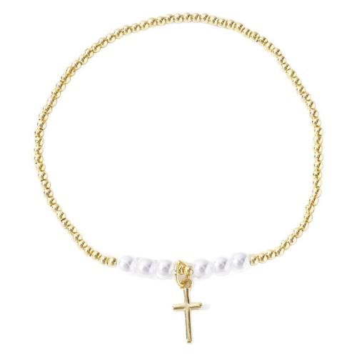 Brass Bracelets, with Plastic Pearl, Cross, gold color plated, fashion jewelry & for woman Approx 17.5 cm [