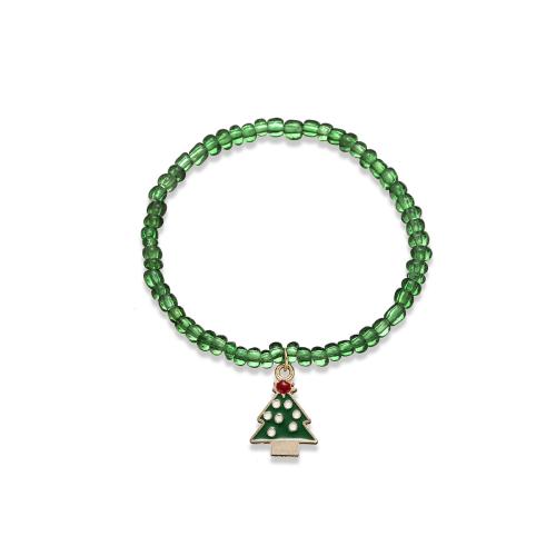 Zinc Alloy Christmas Bracelet, with Seedbead & Elastic Thread, plated, Christmas Design & for woman & enamel, green [