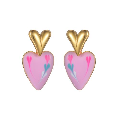 Stainless Steel Stud Earring, 304 Stainless Steel, Heart, plated, for woman & enamel 