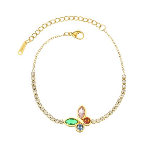 Acero inoxidable Pulsera con dijes, acero inoxidable 304, Mariposa, chapado, micro arcilla de zirconia cúbica & para mujer, dorado, Vendido por UD[