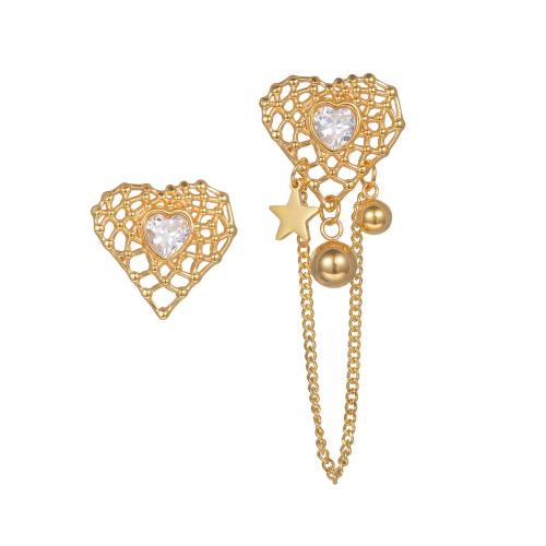 Asymmetric Earrings, 304 Stainless Steel, Heart, plated, micro pave cubic zirconia & for woman, gold 