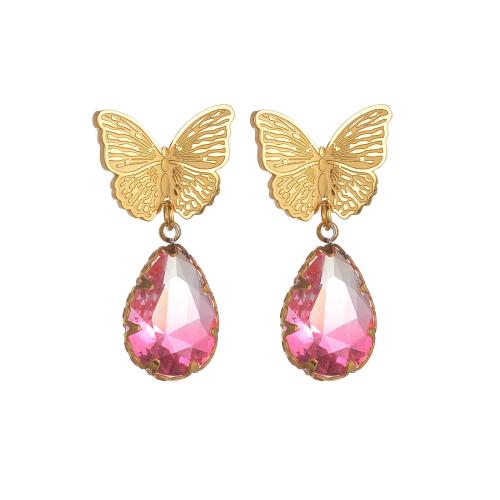 Stainless Steel Drop Earring, 304 Stainless Steel, Butterfly, plated & micro pave cubic zirconia & for woman & enamel, gold 