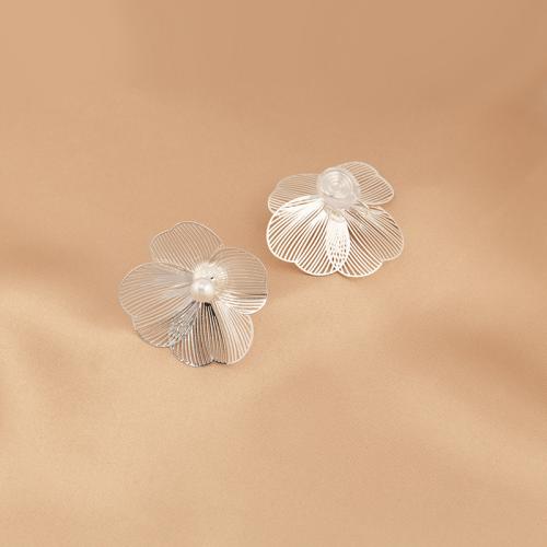 Brass Stud Earring, with Plastic Pearl, plated & for woman, silver color, 35mm [