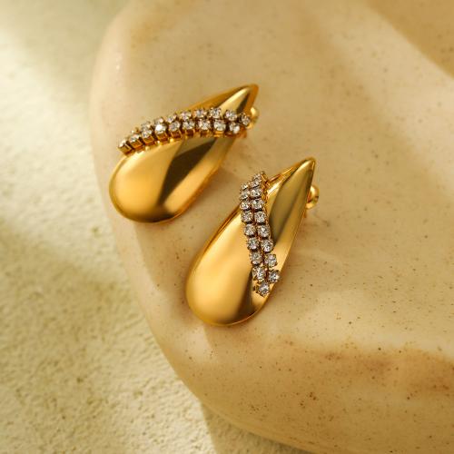 Stainless Steel Rhinestone Stud Earring, 304 Stainless Steel, Teardrop, fashion jewelry & for woman & with rhinestone, golden 