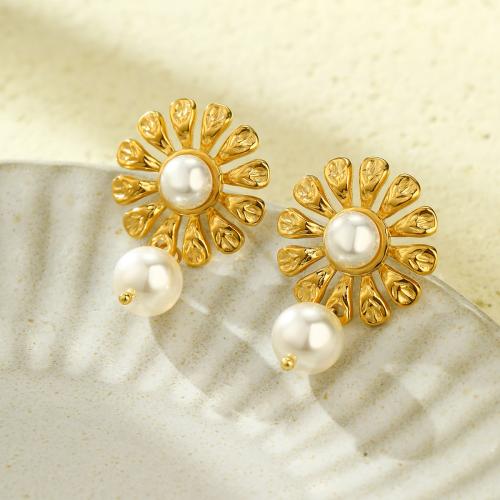 Stainless Steel Drop Earring, 304 Stainless Steel, with Plastic Pearl, Flower, fashion jewelry & for woman, golden, 23mm 