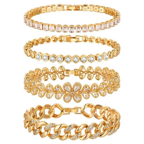 Strass bracelets de cuivre, laiton, styles différents pour le choix & pour femme & avec strass, doré Environ 18 cm, Vendu par PC