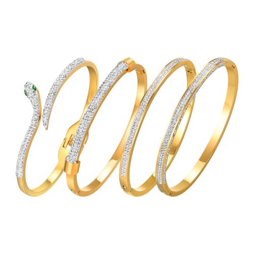 Stainless Steel Bangle, 304 Stainless Steel & for woman & with rhinestone, golden 