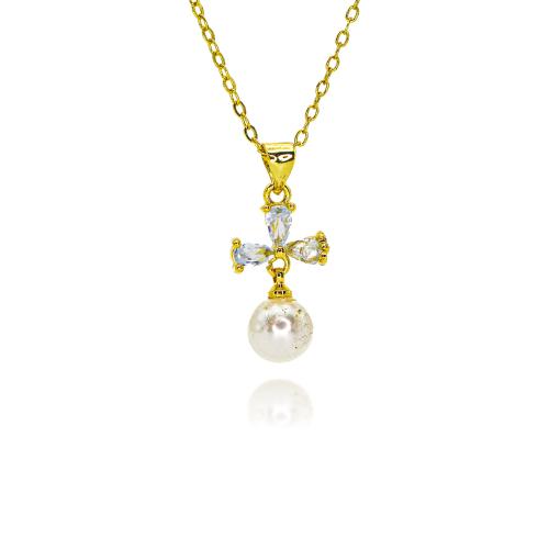 Cubic Zircon Micro Pave Brass Necklace, with Plastic Pearl, gold color plated & fashion jewelry & micro pave cubic zirconia & for woman Approx 45 cm 