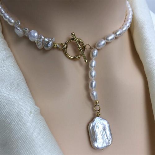 Freshwater Pearl Brass Necklace, with Brass, gold color plated, fashion jewelry, white, Pearl 4-5mm, necklace length about 46-48cm 