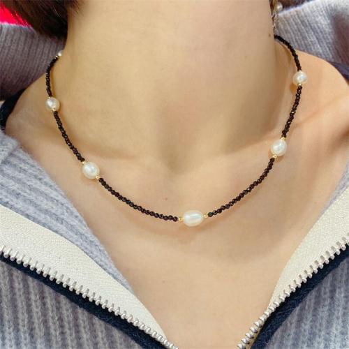 Gemstone Freshwater Pearl Necklace, Spinel, with Freshwater Pearl & Brass, with 5cm extender chain, fashion jewelry, black cm 