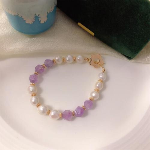 Gemstone Pearl Bracelets, Brass, with Freshwater Pearl & Amethyst, gold color plated, fashion jewelry, mixed colors cm [