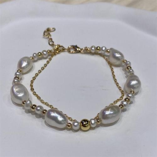 Cultured Freshwater Pearl Brass Bracelet, with Brass, with 5cm extender chain, gold color plated, fashion jewelry, golden cm 