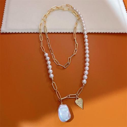 Freshwater Pearl Brass Necklace, with Brass, gold color plated, fashion jewelry, golden, Pearl 6-7mm cm 