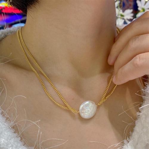 Freshwater Pearl Brass Necklace, with Freshwater Pearl, gold color plated, fashion jewelry, golden cm 