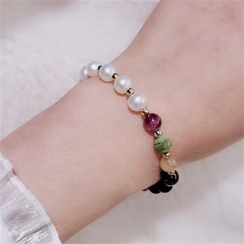 pulsera de perlas y semipresiosas piedras, Perlas cultivadas de agua dulce, con turmalina & metal, chapado en color dorado, Joyería, multicolor, Pearl size: near round 6~7mm, tourmaline size: exactly round 6~7mm, longitud:18 cm, Vendido por UD[