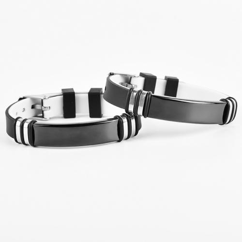 Silikon Edelstahl Armbänder, 304 Edelstahl, mit PU Leder & Silikon, plattiert, unisex, schwarz, Länge:ca. 21.5 cm, verkauft von PC