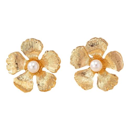 Plastic Pearl Zinc Alloy Earring, with Plastic Pearl, petals, plated, for woman, gold [