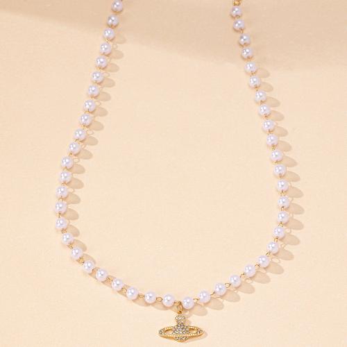 Plastic Pearl Necklace, Zinc Alloy, with Plastic Pearl, plated & micro pave cubic zirconia & for woman [