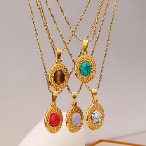 304 Stainless Steel Necklace, with Titanium Steel & Gemstone, with 2inch extender chain, Oval, gold color plated, French Rope Chain & for woman Approx 15.7 Inch 