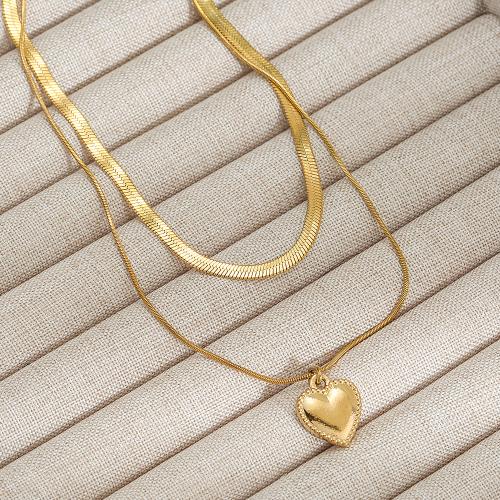 304 Stainless Steel Necklace, Heart, gold color plated, Double Layer & snake chain & for woman 