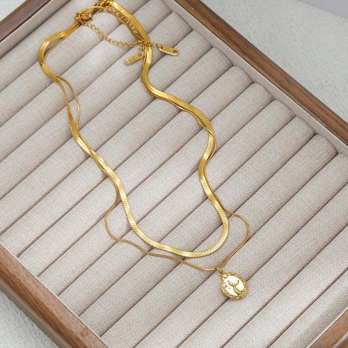 304 Stainless Steel Necklace, Oval, gold color plated, Double Layer & snake chain & for woman 