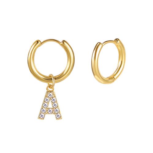 304 Stainless Steel Huggie Hoop Drop Earring, Alphabet Letter, gold color plated & micro pave cubic zirconia & for woman 