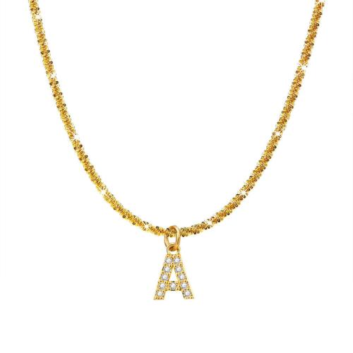 Acier titane collier, avec 2.4inch chaînes de rallonge, Lettre d’alphabet, Placage de couleur d'or, styles différents pour le choix & pavé de micro zircon & pour femme Environ 16.1 pouce, Vendu par PC