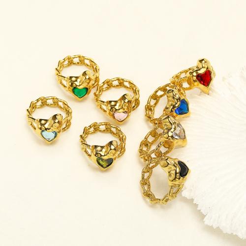 Partículas de acero anillo, Corazón, chapado en color dorado, diverso tamaño para la opción & micro arcilla de zirconia cúbica & para mujer, más colores para la opción, tamaño:6-10, Vendido por UD