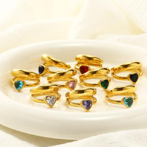 Titanium Steel Finger Ring, Heart, gold color plated & for woman & with cubic zirconia US Ring 