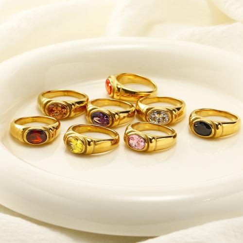 Titanium Steel Finger Ring, Oval, gold color plated & micro pave cubic zirconia & for woman US Ring 