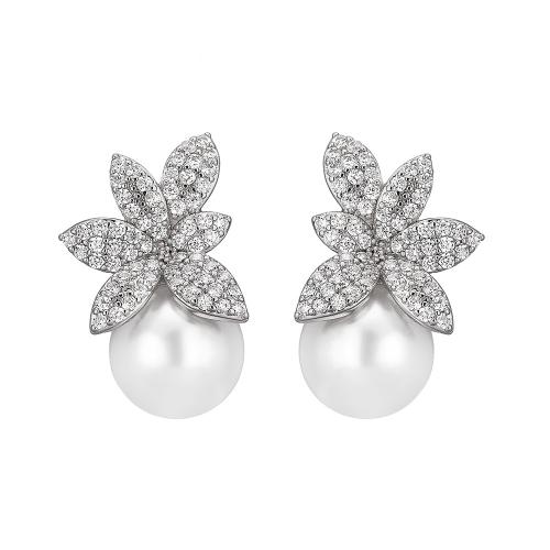 Cubic Zirconia Micro Pave Brass Earring, with Plastic Pearl, fashion jewelry & micro pave cubic zirconia & for woman 