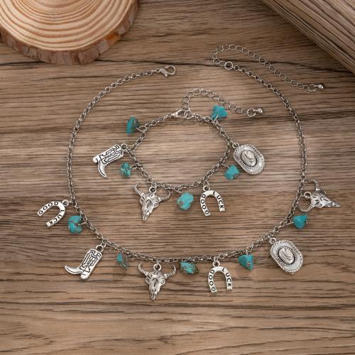 ensemble de bijoux en alliage Zinc à turquoise, alliage de zinc, avec turquoise, avec 7,5cm chaînes de rallonge, bijoux de mode & styles différents pour le choix & pour femme, couleur platine cm, 16.5 cm, Vendu par PC[