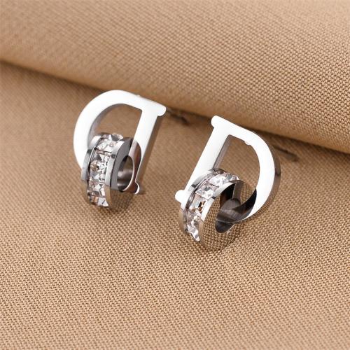 Titanium Steel Stud Earring, fashion jewelry & for woman & with rhinestone 23mm 