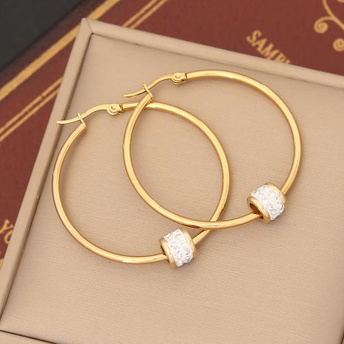 Stainless Steel Hoop Earring, 304 Stainless Steel, fashion jewelry & for woman & with rhinestone, golden, 40mm 