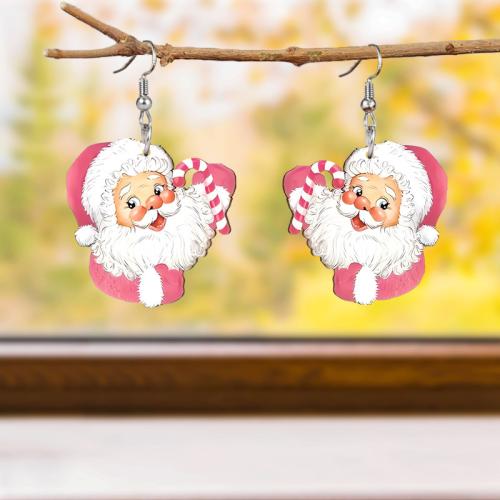 Christmas Earrings, Acrylic, Santa Claus, printing, Christmas Design & cute & for woman, pink 