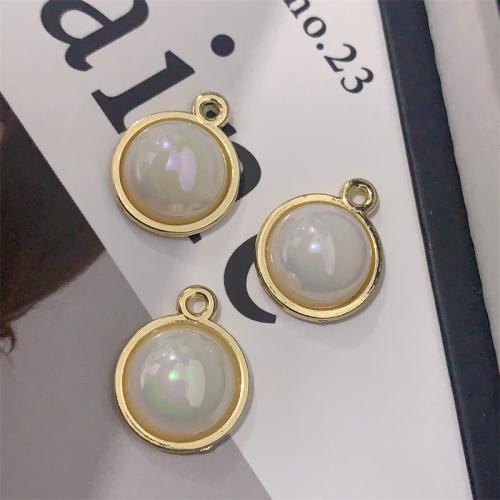 Plastic Zinc Alloy Pendants, with Plastic Pearl, Round, gold color plated, DIY [