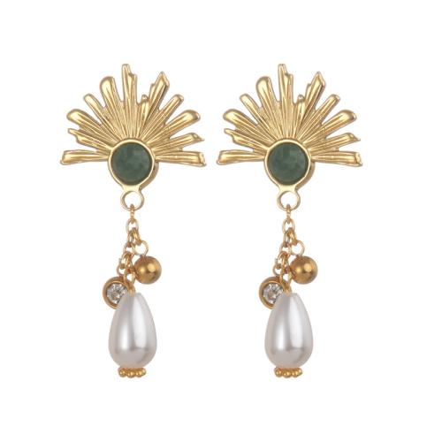 Stainless Steel Drop Earring, 304 Stainless Steel, with Gemstone & Plastic Pearl, plated, for woman, gold 