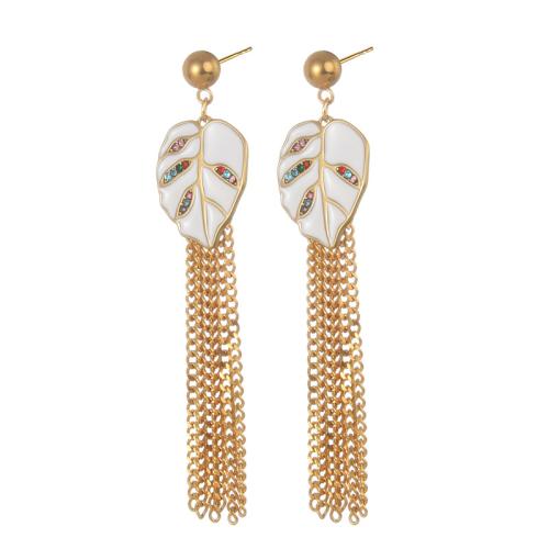 Fashion Fringe Earrings, 304 Stainless Steel, plated & micro pave cubic zirconia & for woman & enamel, gold [