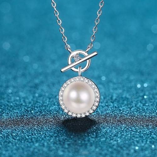 925 Sterling Silver Necklace, with Moissanite & Freshwater Pearl, Round, cross chain & for woman Approx 18 Inch [