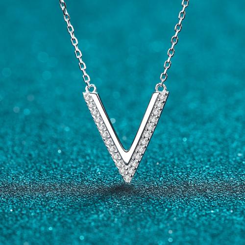 925 Sterling Silver Necklace, with Moissanite, Letter V, oval chain & for woman Approx 18 Inch 