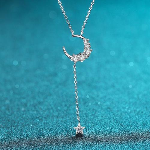 925 Sterling Silver Necklace, with Moissanite, Moon and Star, oval chain & for woman Approx 18 Inch 