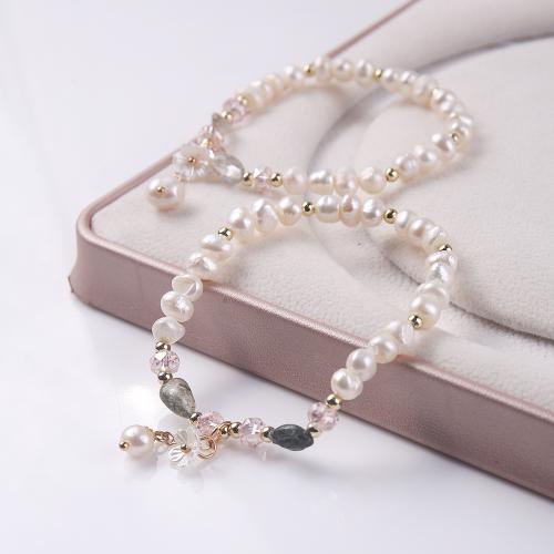 Gemstone Pearl Bracelets, Freshwater Pearl, with Natural Stone & Zinc Alloy, Flower, gold color plated, fashion jewelry & for woman Approx 18 cm 