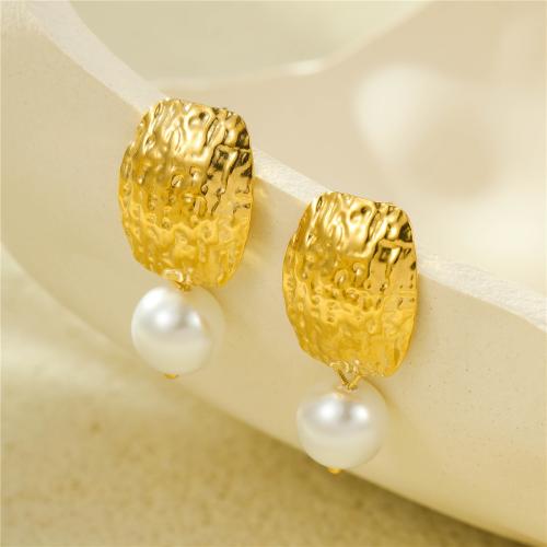 Stainless Steel Drop Earring, 304 Stainless Steel, with Plastic Pearl, 18K gold plated, fashion jewelry & for woman, golden 