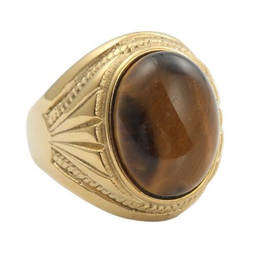 Gemstone Stainless Steel Finger Ring, 316 Stainless Steel, with Tiger Eye, fashion jewelry & for man 