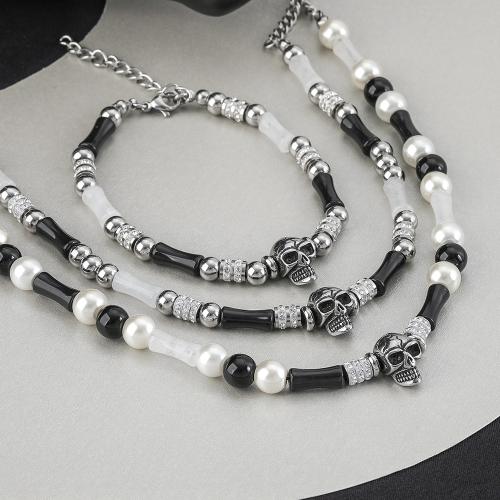 Titanium Steel Jewelry Set, with Agate & Plastic Pearl, with 5cm extender chain, fashion jewelry & Unisex & micro pave cubic zirconia, original color Approx 55 cm, Approx 19 cm 