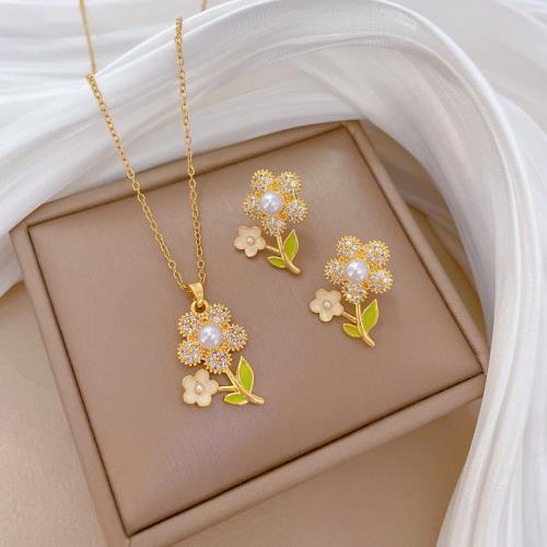 Titanium Steel Jewelry Set, with Plastic Pearl, with 5cm extender chain, Flower & for woman & enamel & with rhinestone, golden Approx 40 cm 