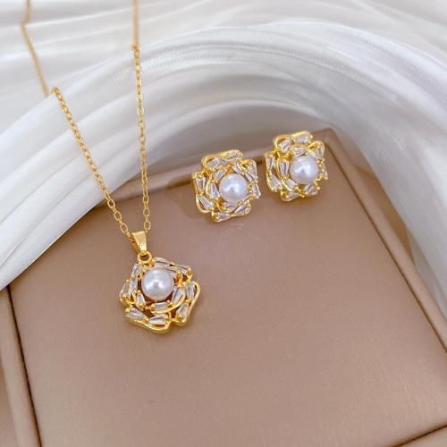 Titanium Steel Jewelry Set, with Plastic Pearl, with 5cm extender chain & for woman & with rhinestone, golden Approx 40 cm 