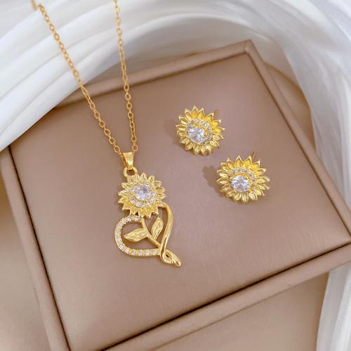 Titanium Steel Jewelry Set, with 5cm extender chain, Flower & for woman & with rhinestone, golden Approx 40 cm 