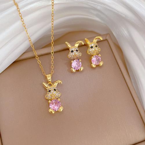 Titanium Steel Jewelry Set, with 5cm extender chain, Rabbit & for woman & with rhinestone, golden Approx 40 cm 