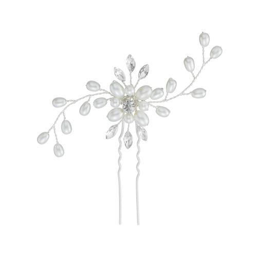 Hair Stick, Brass, with Plastic Pearl, fashion jewelry & for woman & with rhinestone, silver color 